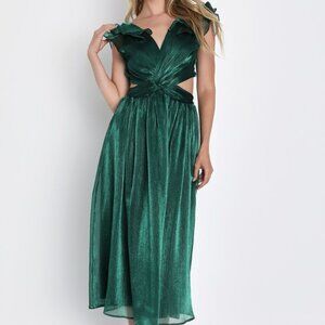 Lulus Fabulous Energy Shiny Emerald Green Cutout Ruffled Midi Dress - Size L